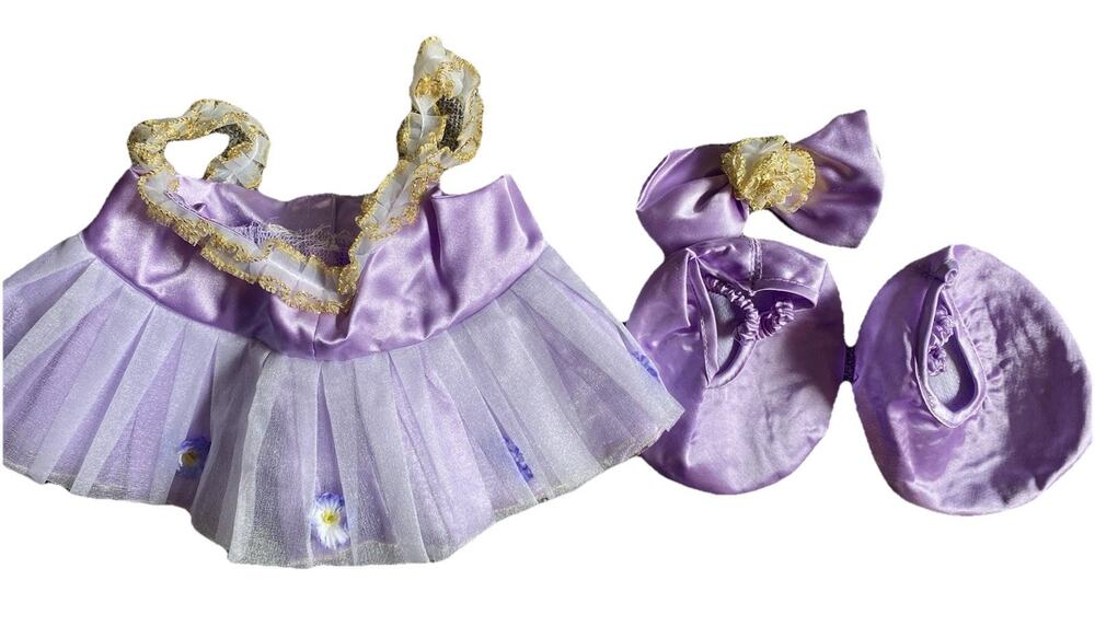 Build A Bear Ballerina Purple Satin Dress Ballet Shoes Tutu Costume Hair Bow.